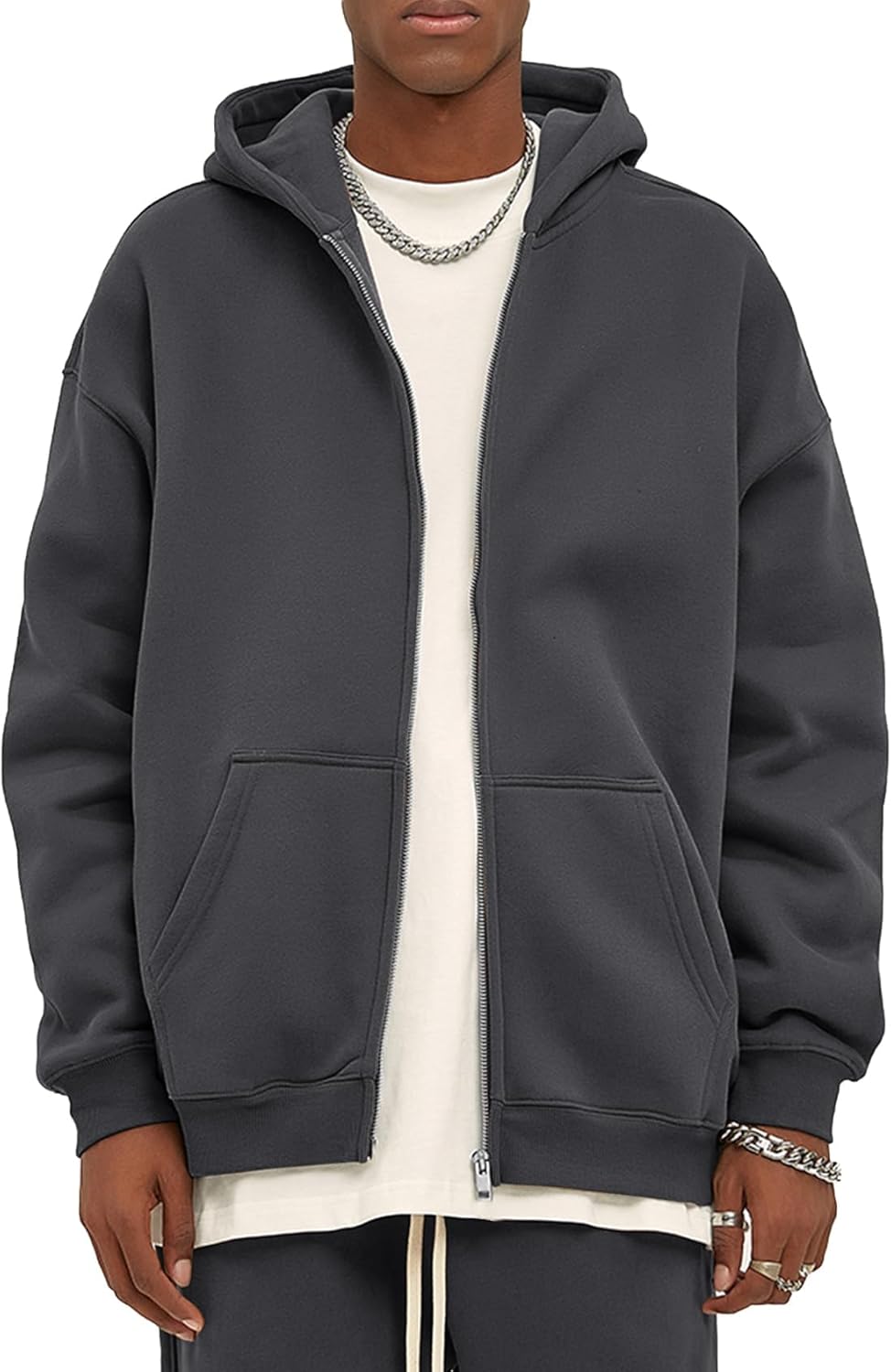 Flygo Mens Zip Up Hoodies Oversized Fleece Long Sleeve Drop Shoulder Hooded Sweatshirt Trendy Vintage Streetwear