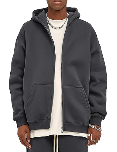 Mens Zip Up Hoodies Oversized Fleece Long Sleeve Drop Shoulder