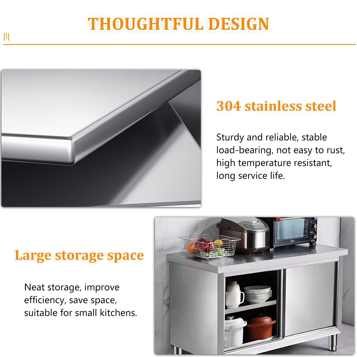 Mesa de trabajo de acero inoxidable con puerta corredera, mesa de preparación comercial resistente para cocina y restaurante, capacidad de carga de 1240 libras