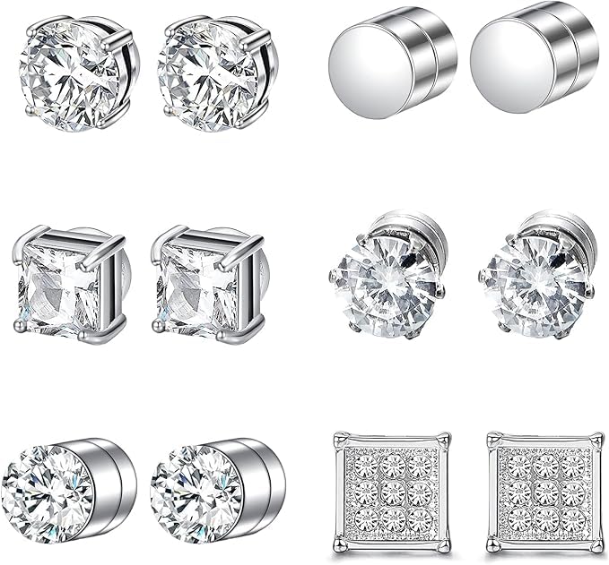 6 Paar Magnet Ohrringe Herren 6mm Magnetic Earrings für Herren und Damen Edelstahl Einfarbig Silber