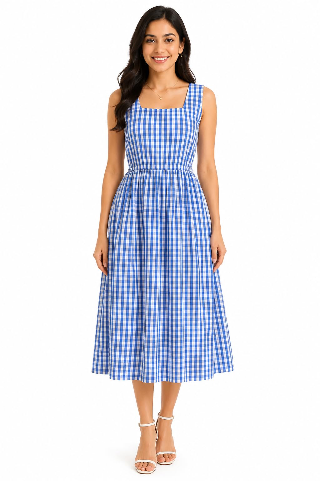 Women's Gingham Check Sleeveless Midi Dress with Square Neck-image-28