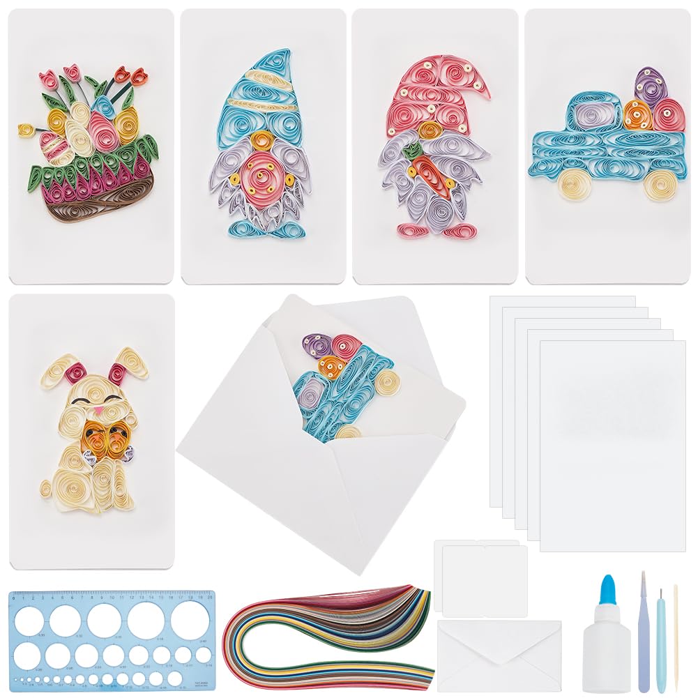 WEBEEDY 20 Sets DIY Easter Day Paper Quilling Kit for Adults Beginners 5 Styles Easter Rabbit Gnomes Greeting Card Making Kit with Paper Quilling Strips Tools and Instruction DIY Quilling Card Gift