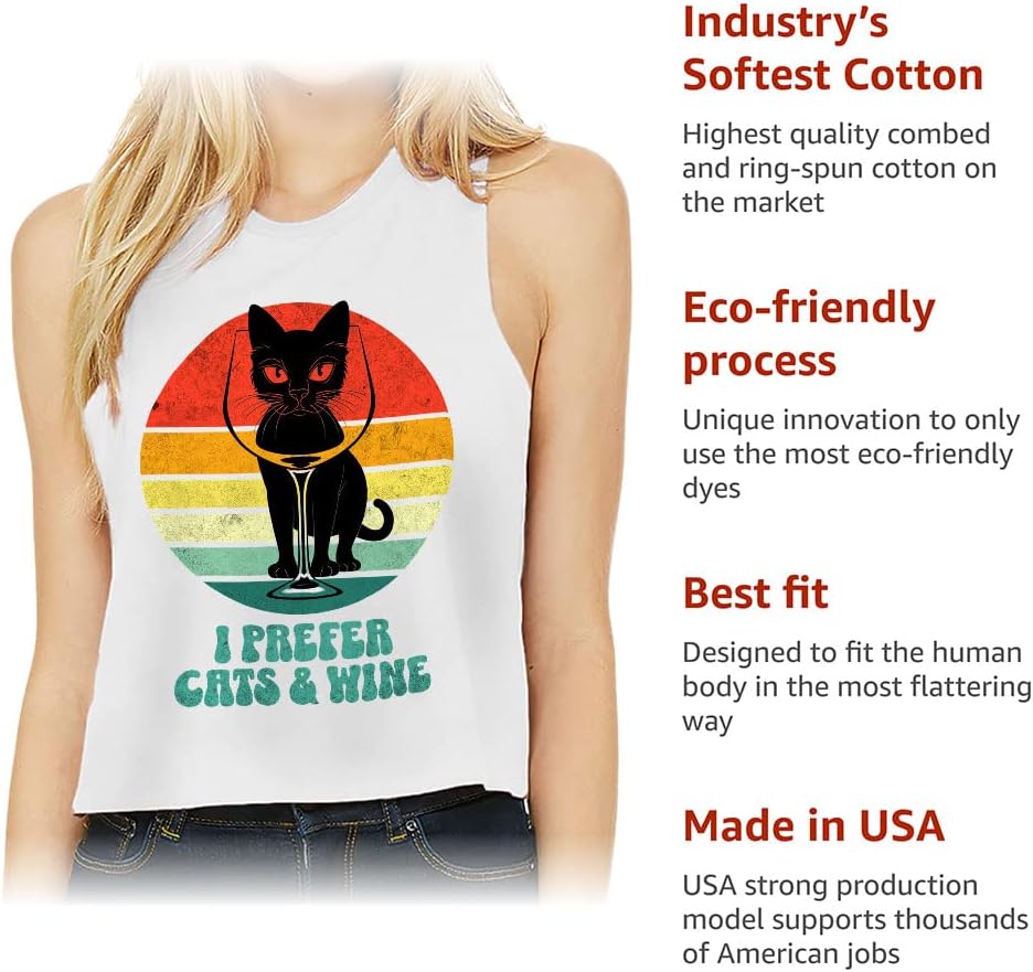 I Prefer Cats and Wine Racerback Cropped Tank - Best Quote Women's Tank - Wine Tank Top