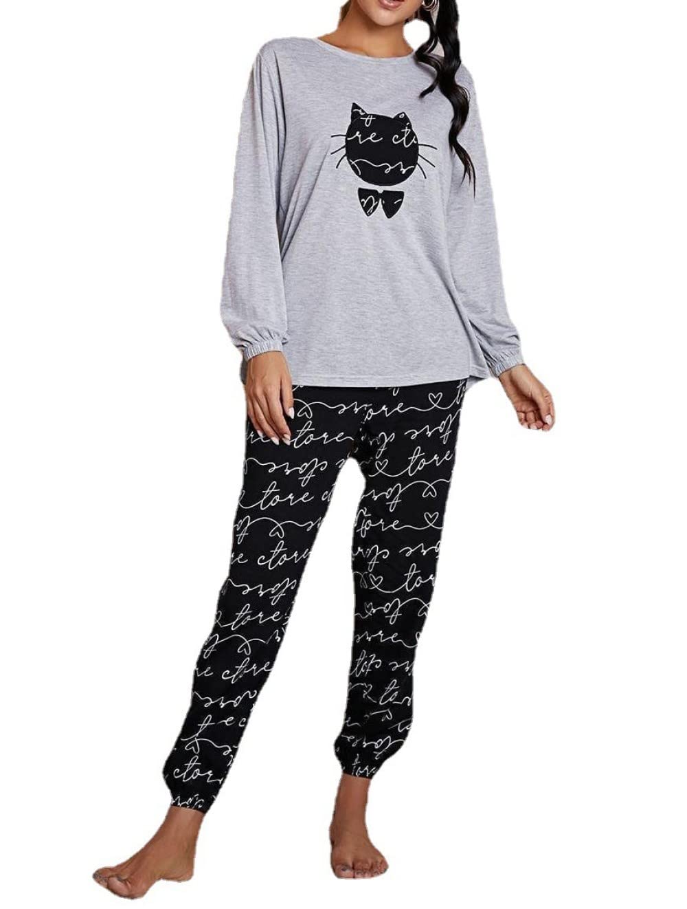 Ensembles De Pyjama Femme,Bleu Col Rond Chats Impression Polyester Manches Longues Poignets Élastiques Ensemble De Vêtements De Nuit Femmes Pyjama Deux Pièces Doux Cadeau De Détente pour Femme P