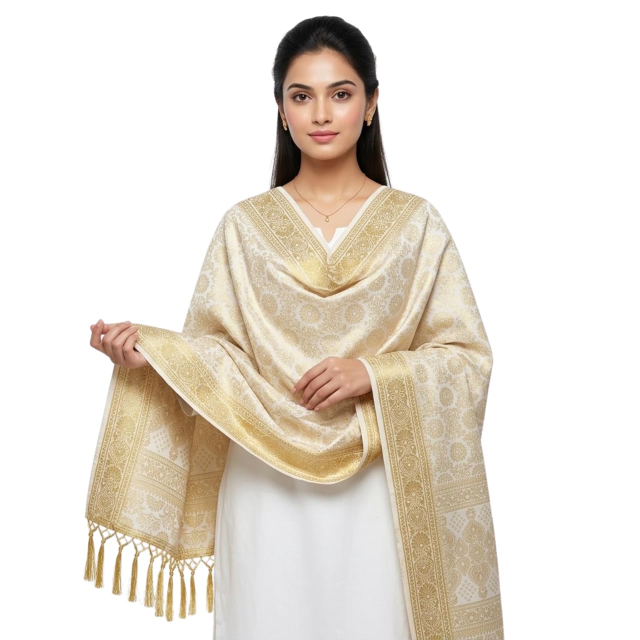 Off White Banarasi Silk Fashion Stole | Stylish Wrap for Festive, College, casual parties, & Night Outs-image-26