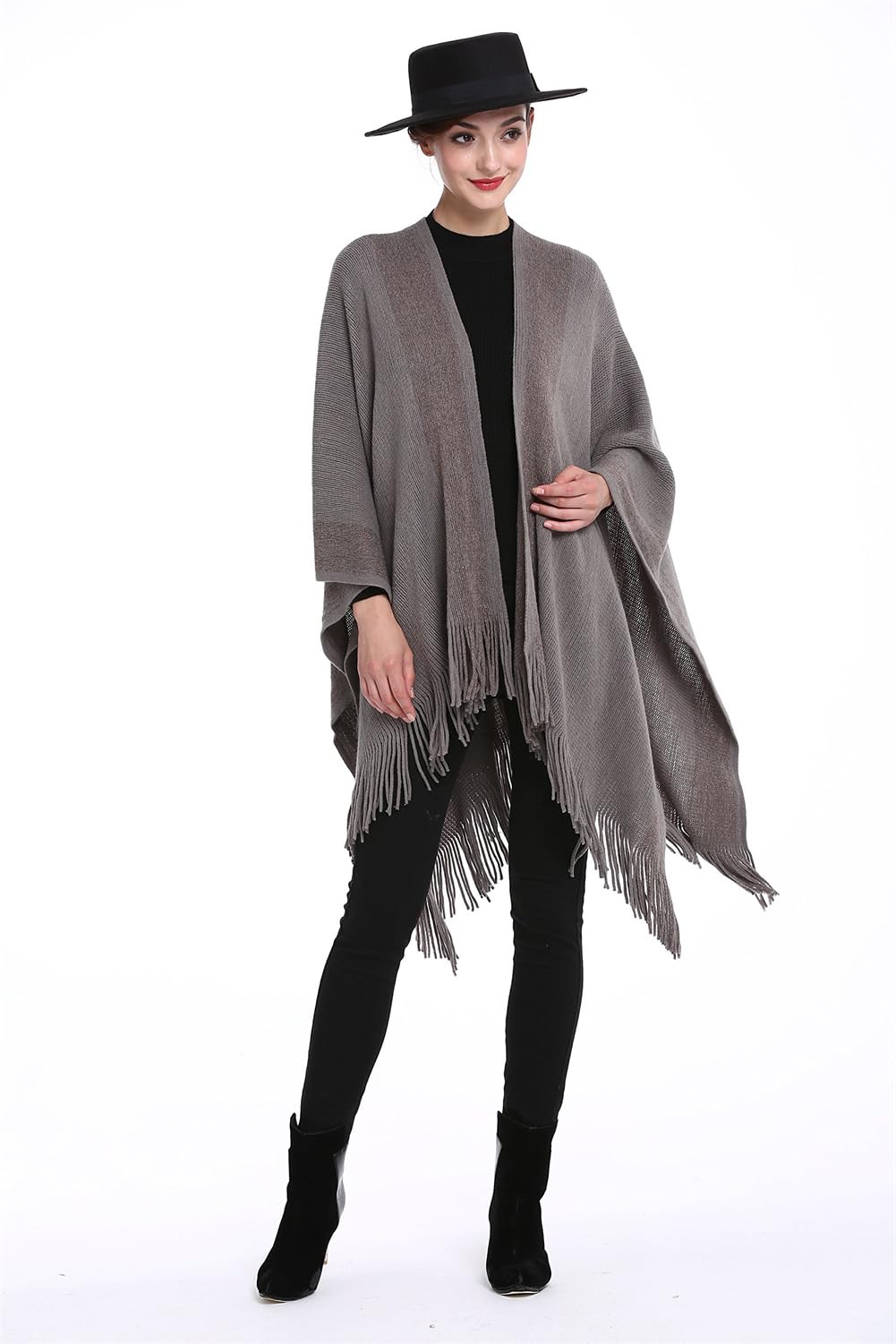 Chal de punto con ribete dorado para mujer, con borlas, capa frontal abierta, capa de abrigo