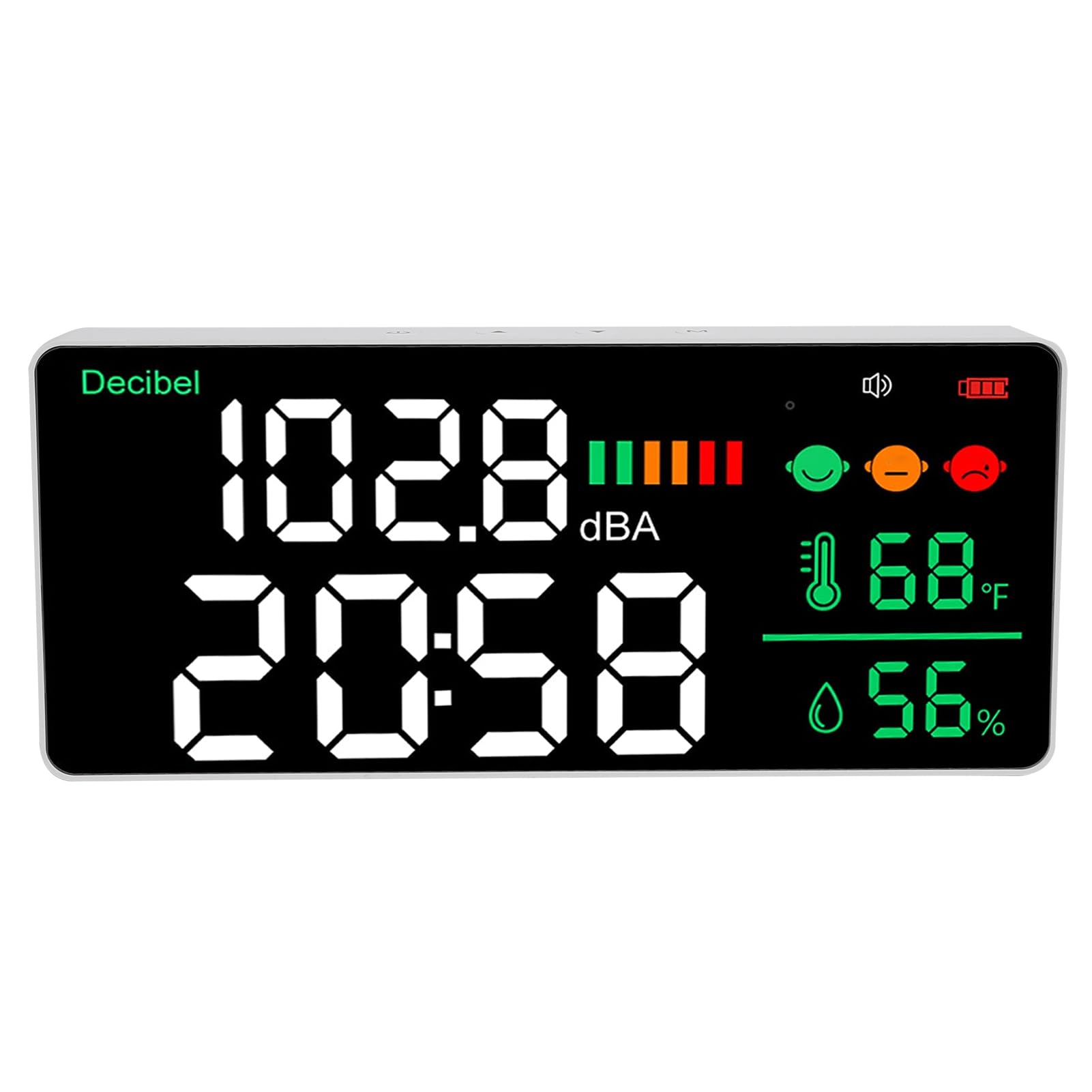 Bewinner Medidor de Decibelios Pantalla LED de 11 Pulgadas Nivel de Sonido de Escritorio Montado en la Pared Probador de Ruido de DB con Temperatura Humedad Reloj de Tiempo para Estudio en Casa