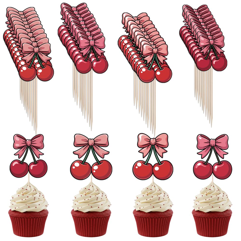 FmiyunEea ‌40-Piece Cherry Bow Cupcake Toppers‌- Sweet cake picks for fruit-themed events like baby showers, birthdays, weddings, masquerades, engagement & bridal showers, or anniversary decorations