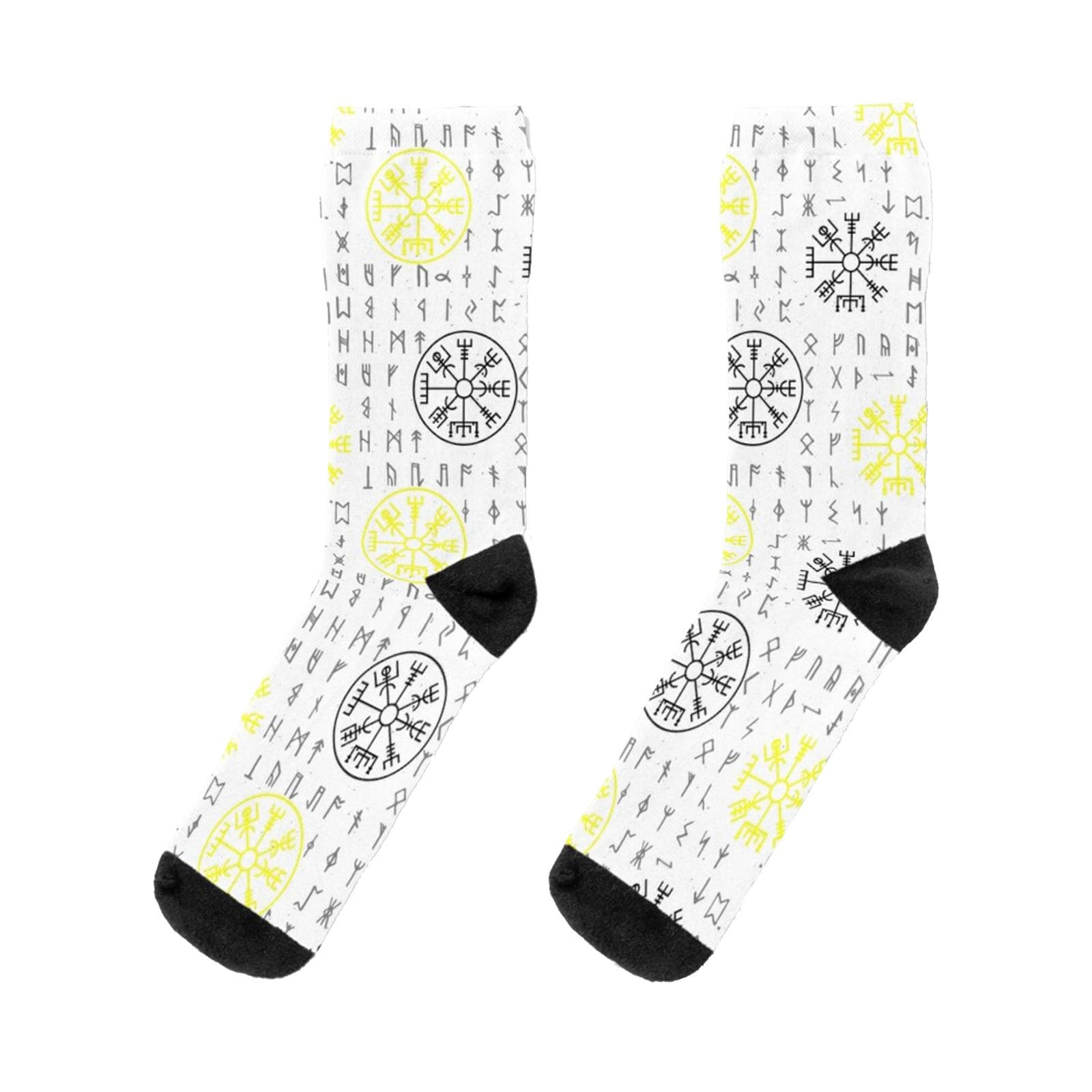 Verrückte Socken für Männer, Wikinger Vegvisir und Nordische Rune Nahtloses Muster Bunte Socken, Weich und Dehnbar Gestrickte Crew Socken