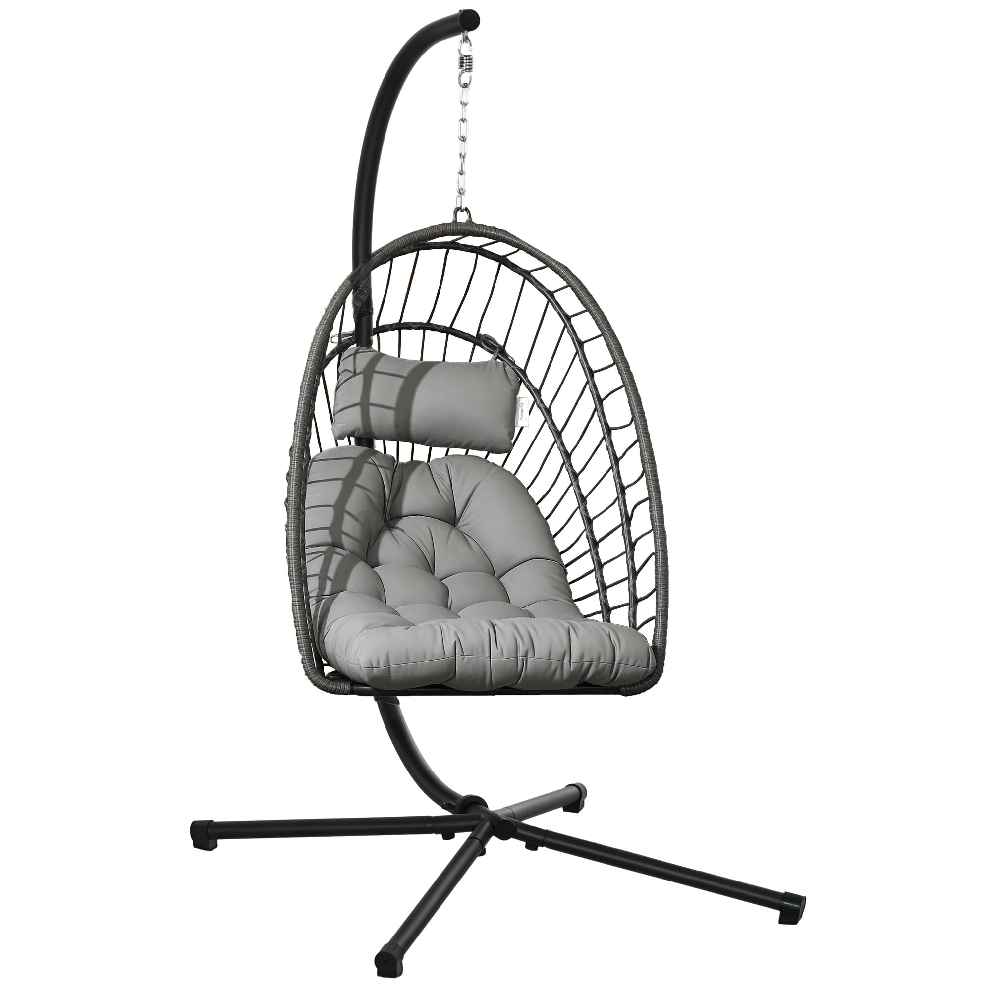 Outsunny Silla Colgante de Ratán Sillón Colgante Plegable con Cojín Reposacabezas y Marco de Acero Carga 100 kg para Interior y Exterior Gris Oscuro