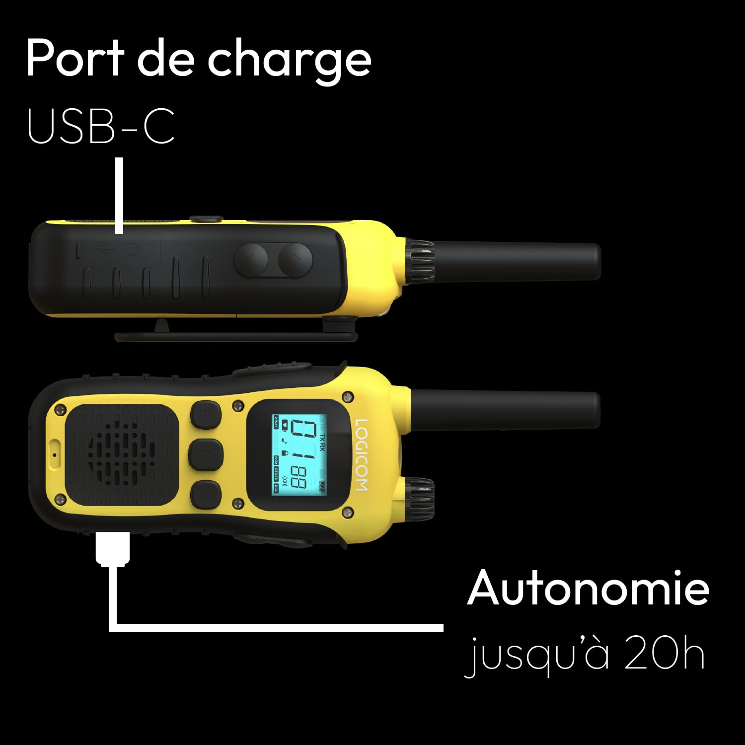 Logicom - Adventure Walkie-Talkie PMR446 IP54 Portata 10 km autonomia 20h schermo LCD USB-C Torcia VOX Vivavoce 16 canali Batteria 1000 mAh Confezione da 2 radio