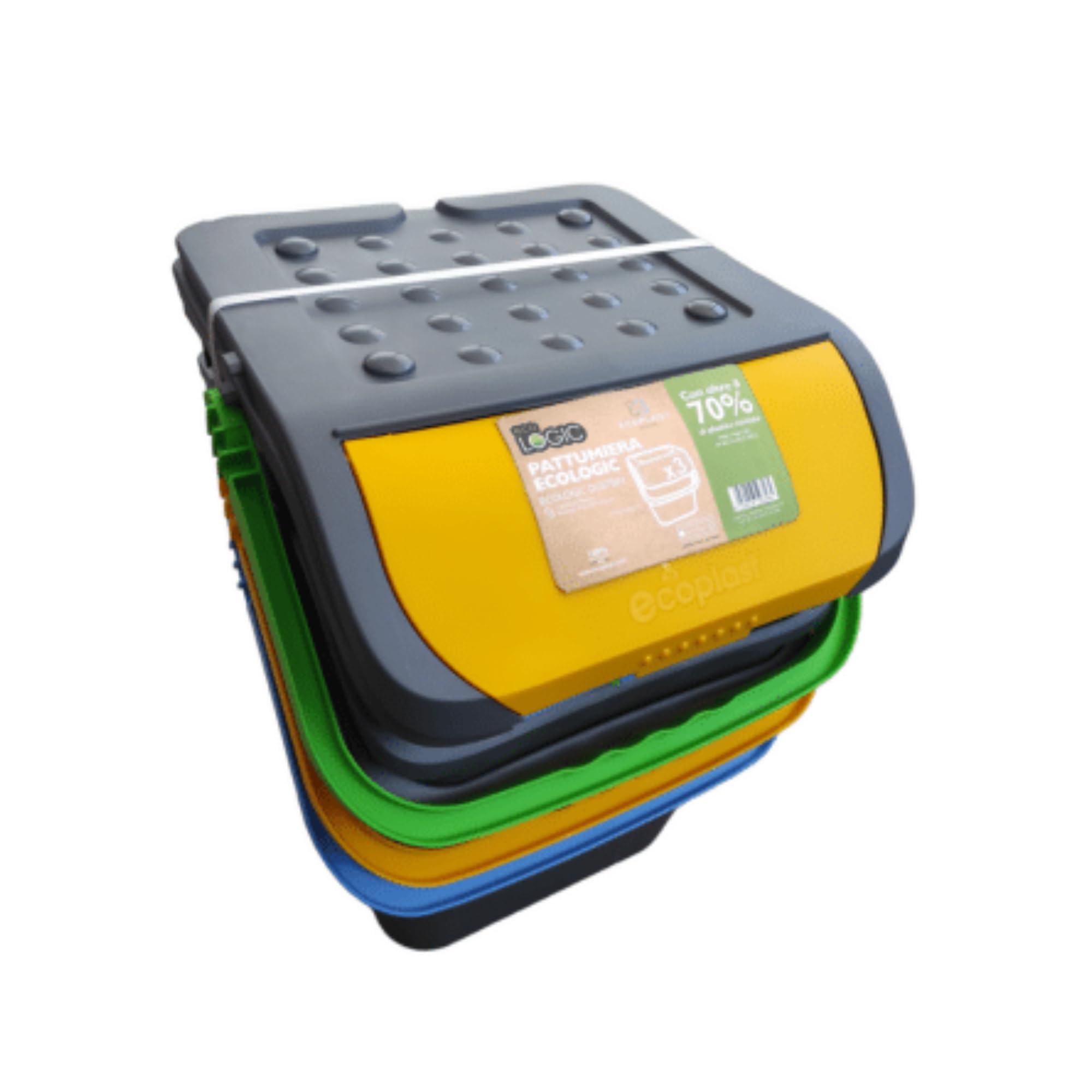 Ecoplast | Trío de cubos de basura para recogida selectiva 35 l, colores surtidos amarillo/verde/azul, 38 x 36,5 x 45 cm, fabricado en Italia