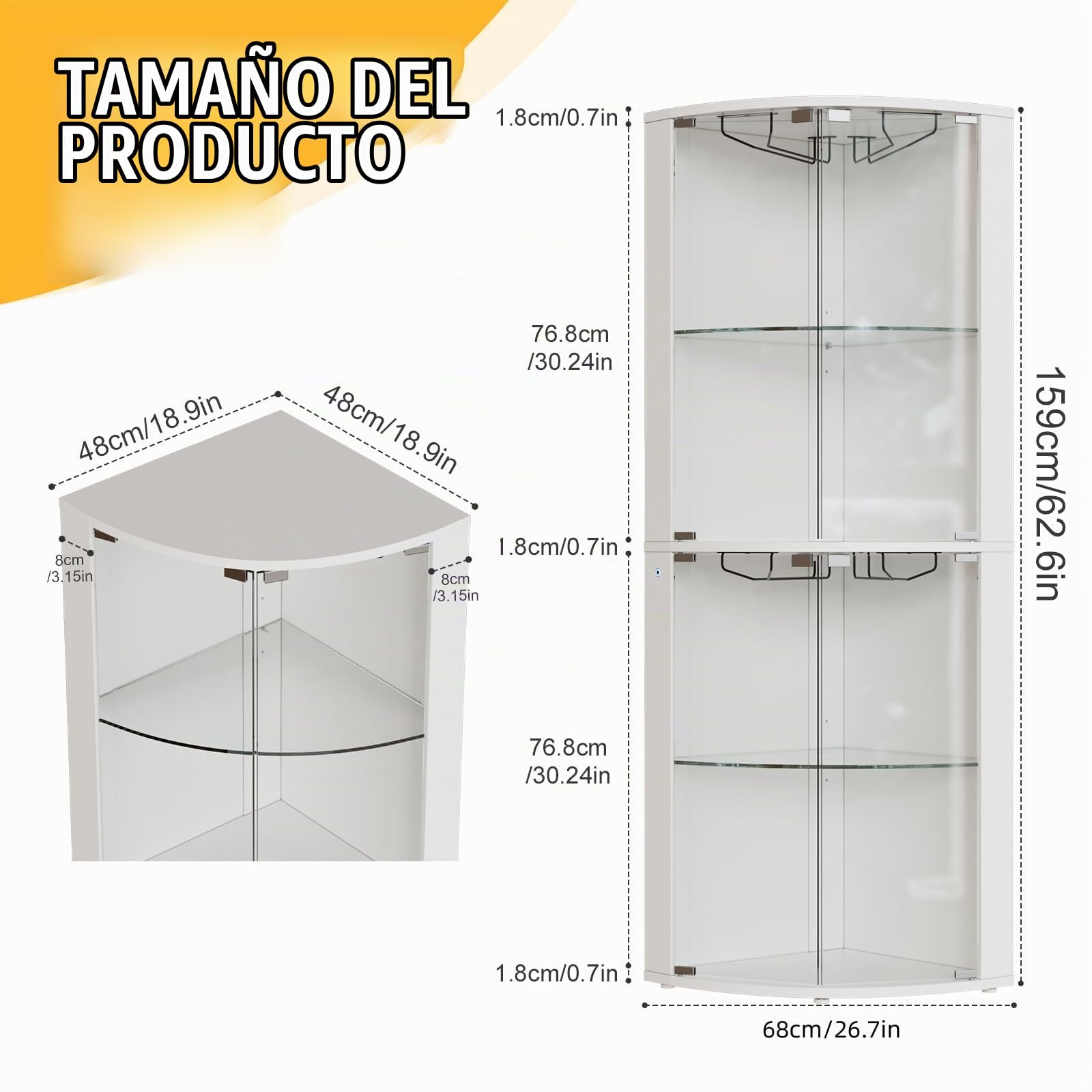 Vitrina de Cristal, Vitrina expositora, Armario de colección Moderno de 4 Capas con Puerta, Mueble Vitrina de Cristal con LED, para Dormitorio, Sala de Estar, 159 x 48 x 48 cm, Blanco