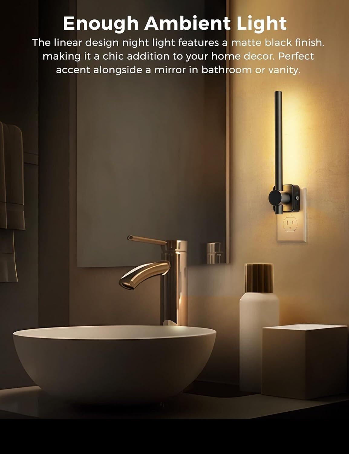 Lampki nocne LED podłączane do gniazdka ściennego, 0-200 lm, czujnik zmierzchu do świtu, 2 W, ściemnialne, miękka biel 3000 K, standard amerykański, nowoczesne oświetlenie do lustrzanej toalety