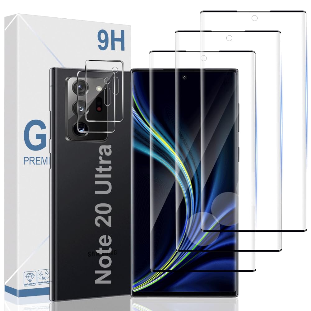 [3+2 Pack] Galaxy Note 20 Ultra Screen Protector,3 Pack Tempered Glass Screen Protector + Camera Lens Protector,3D Curved,9H HD Tempered Glass, Ultrasonic Fingerprint Support, For Galaxy Note 20 Ultra