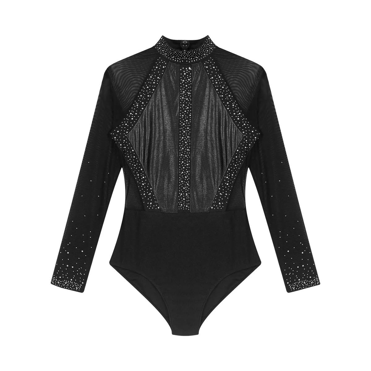 Damen Gymnastikanzug Mesh Langarm Ballett Bodysuit Performance Kostüm Eiskunstlauf, gold, XXL