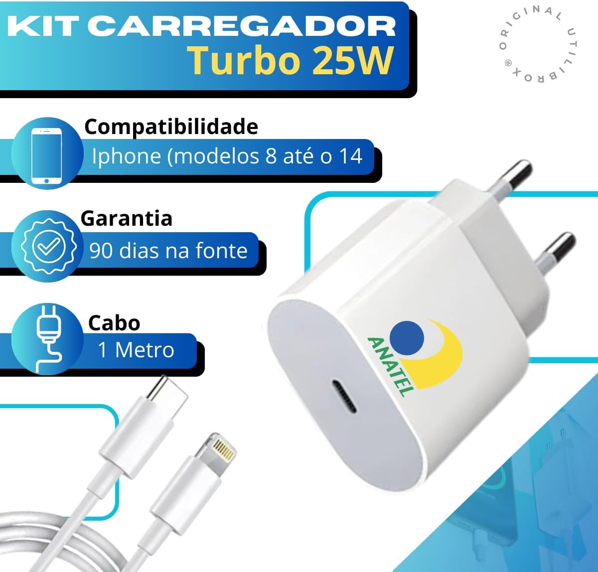 Carregador Turbo 25W p/iPhone, Cabo Usb-C-Lightning + Fonte Carregador Rápido, Compatível c/iPhone X Xr SE 11 12 13 14 Excellence Premium X-Charge Carregador Turbo 25W p/iPhone, Cabo Usb-C-Lightning + Fonte Carregador Rápido, Compatível c/iPhone X Xr SE 11 12 13 14 Excellence Premium X-Charge