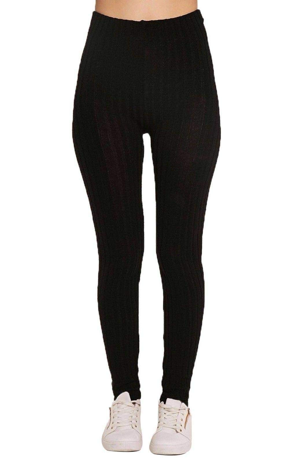 GOSTYLES® Women's Chunky Cable Knitted Full Length Thick Leggings - Ladies Knit Ribbed Stretchy Warm Pants (Black, 16-18)