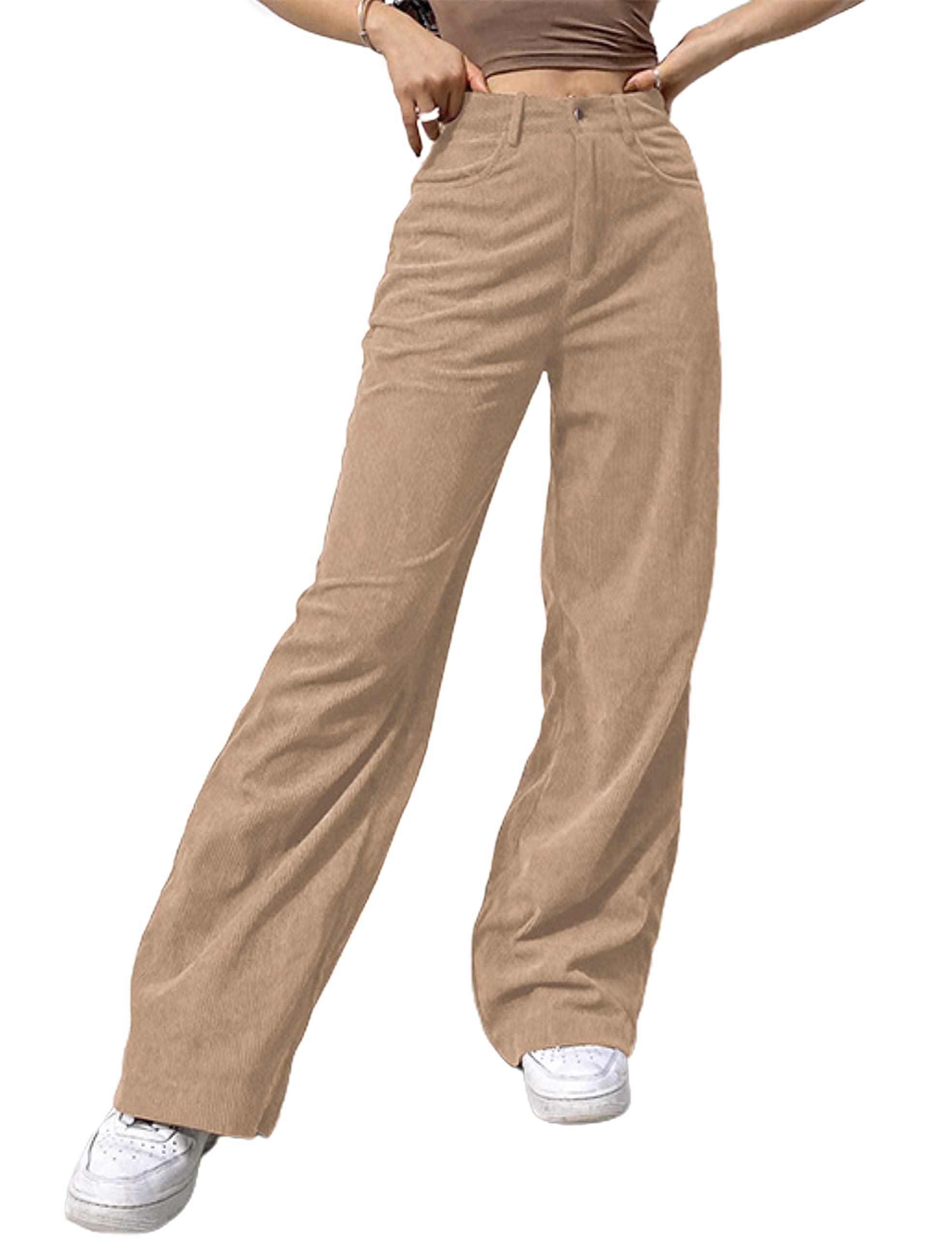 SCUSTY Women's Vintage Corduroy High Elastic Waist Wide Leg Pocketed Pants Trouser