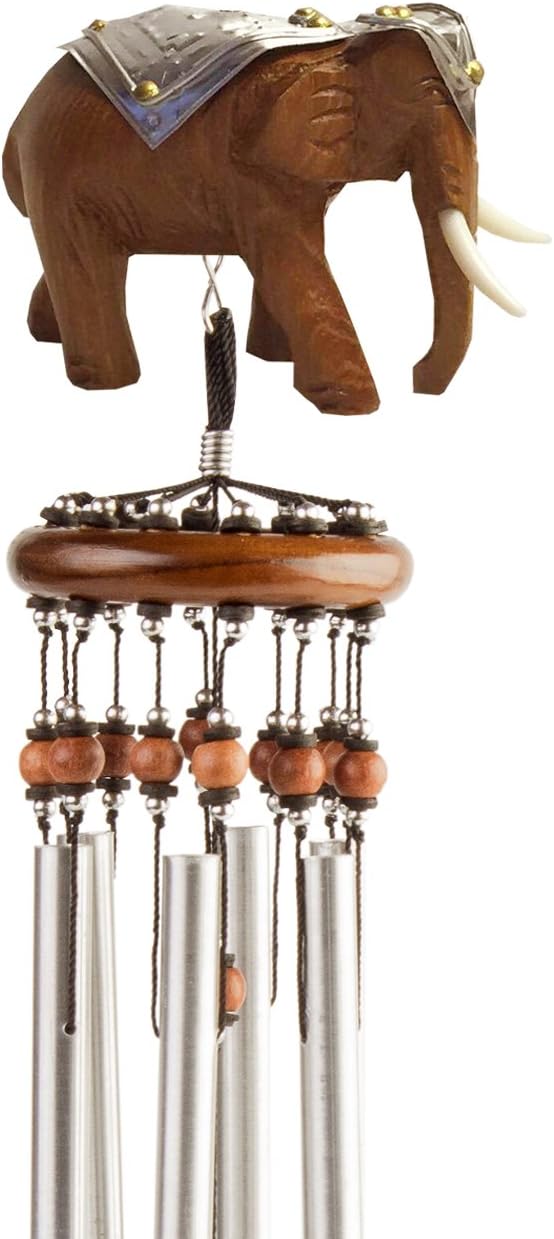 Lucky Talisman Wind Chimes Elephant Feng Shui Teak Wood Carving Handmade Aluminum Metal Tubes Size Medium 3 x 21.6 Gift and Souvenir of Thailand for Your Terrace, Patio, Garden, Outdoor Home Decor.