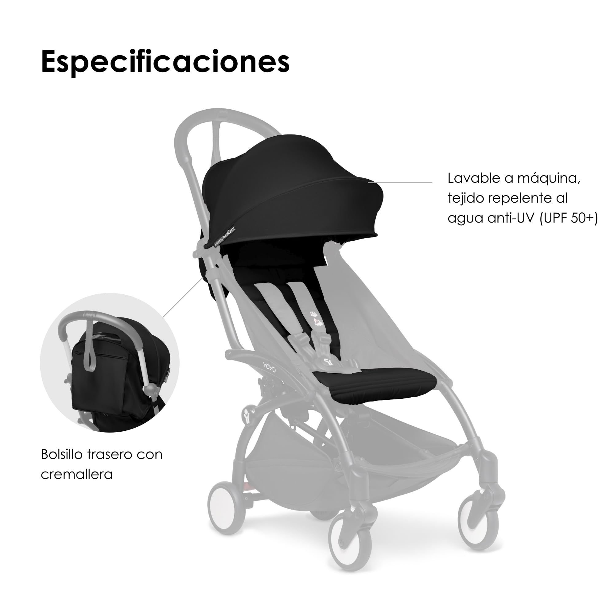 BABYZEN YOYO Pack 6+ Color, Negro - Solo Textiles: Cojín del asiento, capota a juego y bolsillo trasero con cremallera - Requiere el Chasis YOYO2 (se vende por separado)