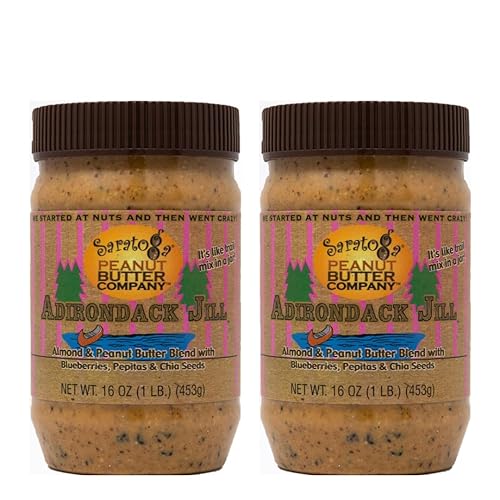 Saratoga Peanut Butter Company Adirondack Jill AlmondPeanut Blend con arándanos Semillas de chía Canela Miel Pepitas. Tarro de 16 onzas. Sin gluten,
