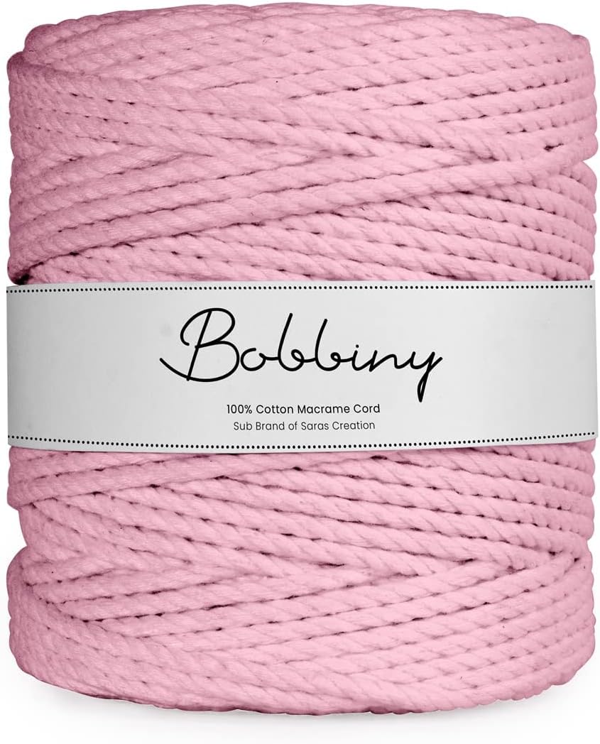 Bobbiny | 3 Ply Twisted Macrame Cotton Cord Dori (Roll Packaging) Thread for Macrame DIY and Other Projects | Baby Pink | 4mm,10 Meter