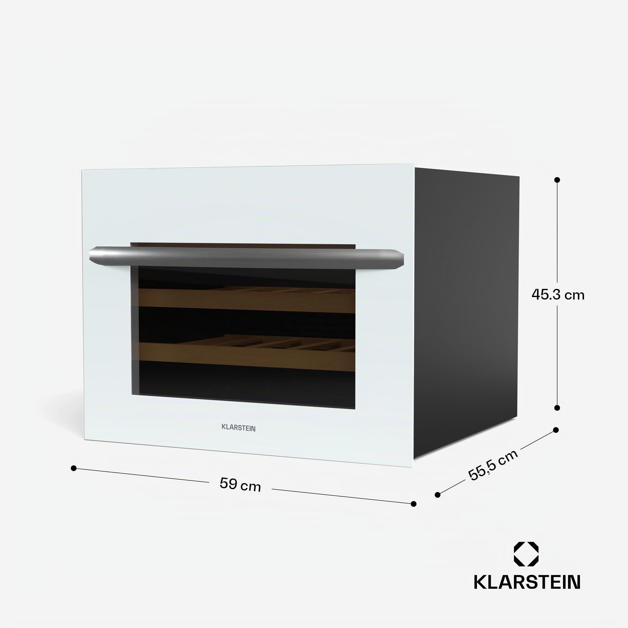 Klarstein Vinsider 24 Uno Vinoteca Integrable - 24 Botellas, 1 Zona, 5-20°C, LED, Protección UV, Silenciosa, Nevera para Vinos, Estantes de Madera, Puerta de Cristal Blanca
