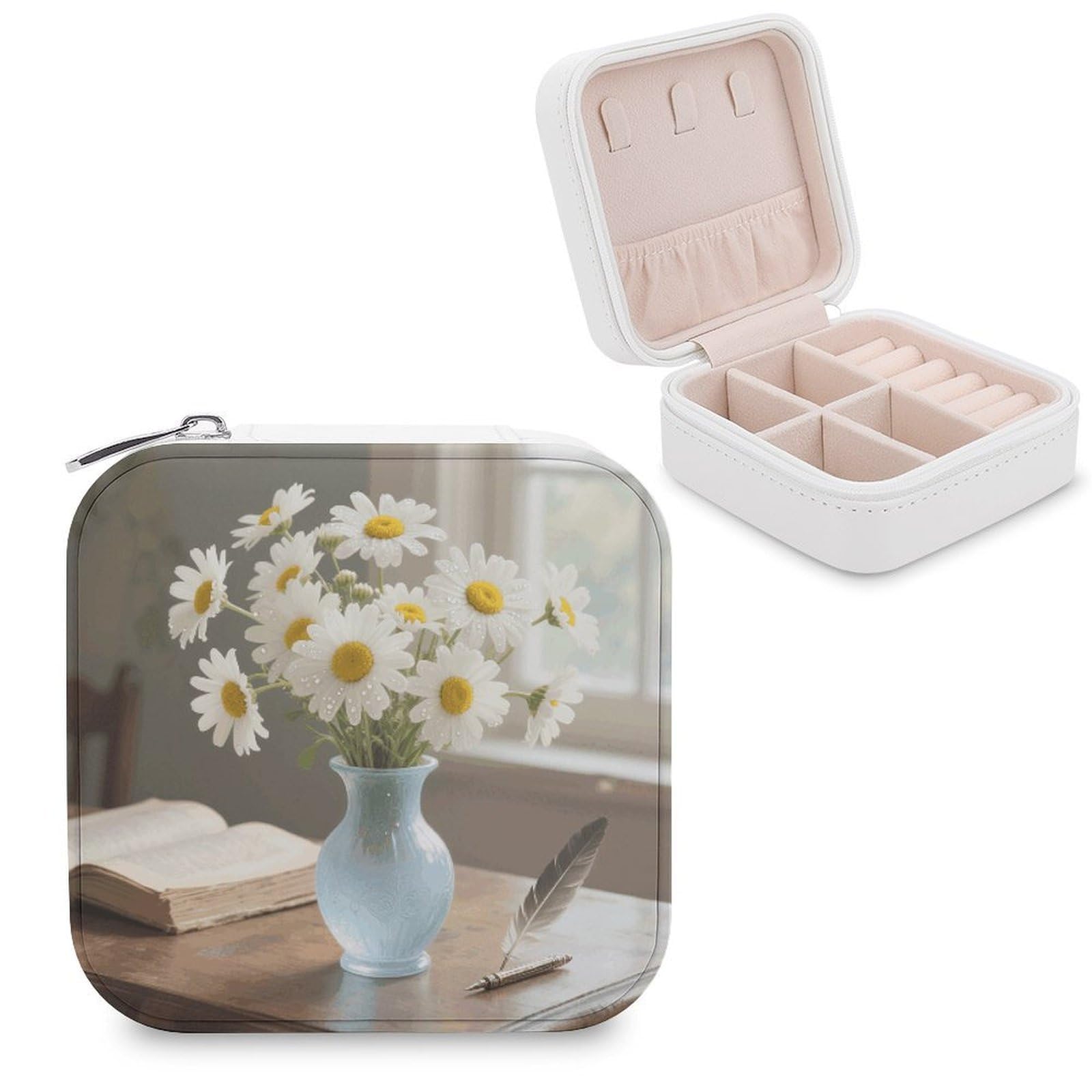 VstaDank Elegant Spring Daisy Flowers Jewelry Box for Women Jewelry Organizer Storage Case with Zipper Mini Travel Jewelry Case Cute Trinket Organizer Leather Portable Jewelry Storage Box