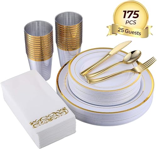 Miniatura 5 de ALAMODAK - Juego de vajilla de plástico de 175 piezas para 25 invitados, juego de vajilla desechable para fiesta, incluye 25 platos llanos, 25