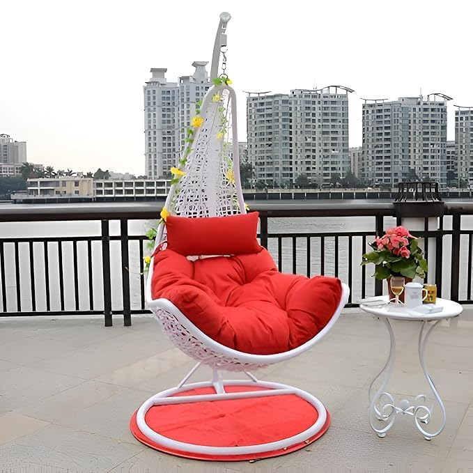 Image of Rattan 1 Seater Slide Jhula /Swing Chair with Stand and Cushion for Adults Balcony L Shape|| Balcony|| Patio|| Indoor|| Porch|| Yard||Outdoor Furniture (White Red)