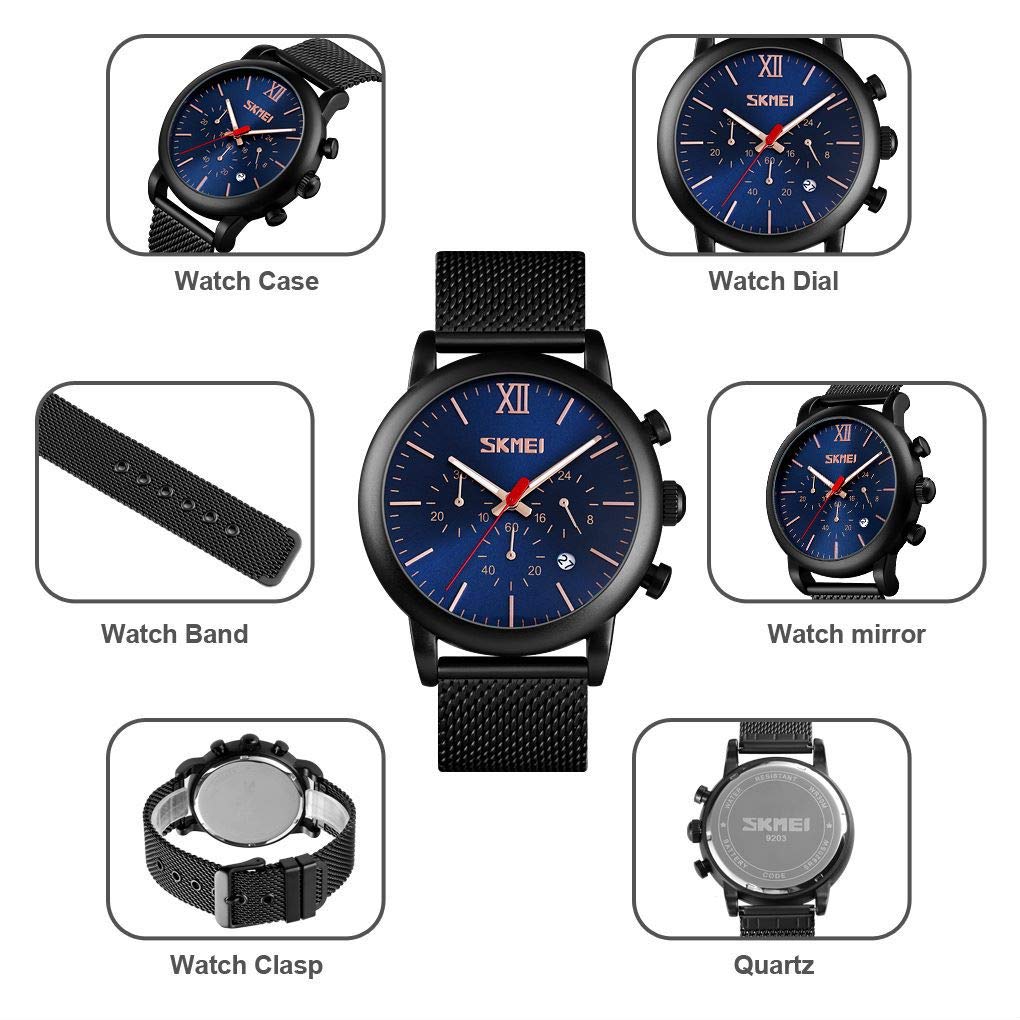 MASTOP Reloj de pulsera de cuarzo con correa de malla para hombre, de acero inoxidable, cronómetro, visualización de fecha, militar, resistente al agua
