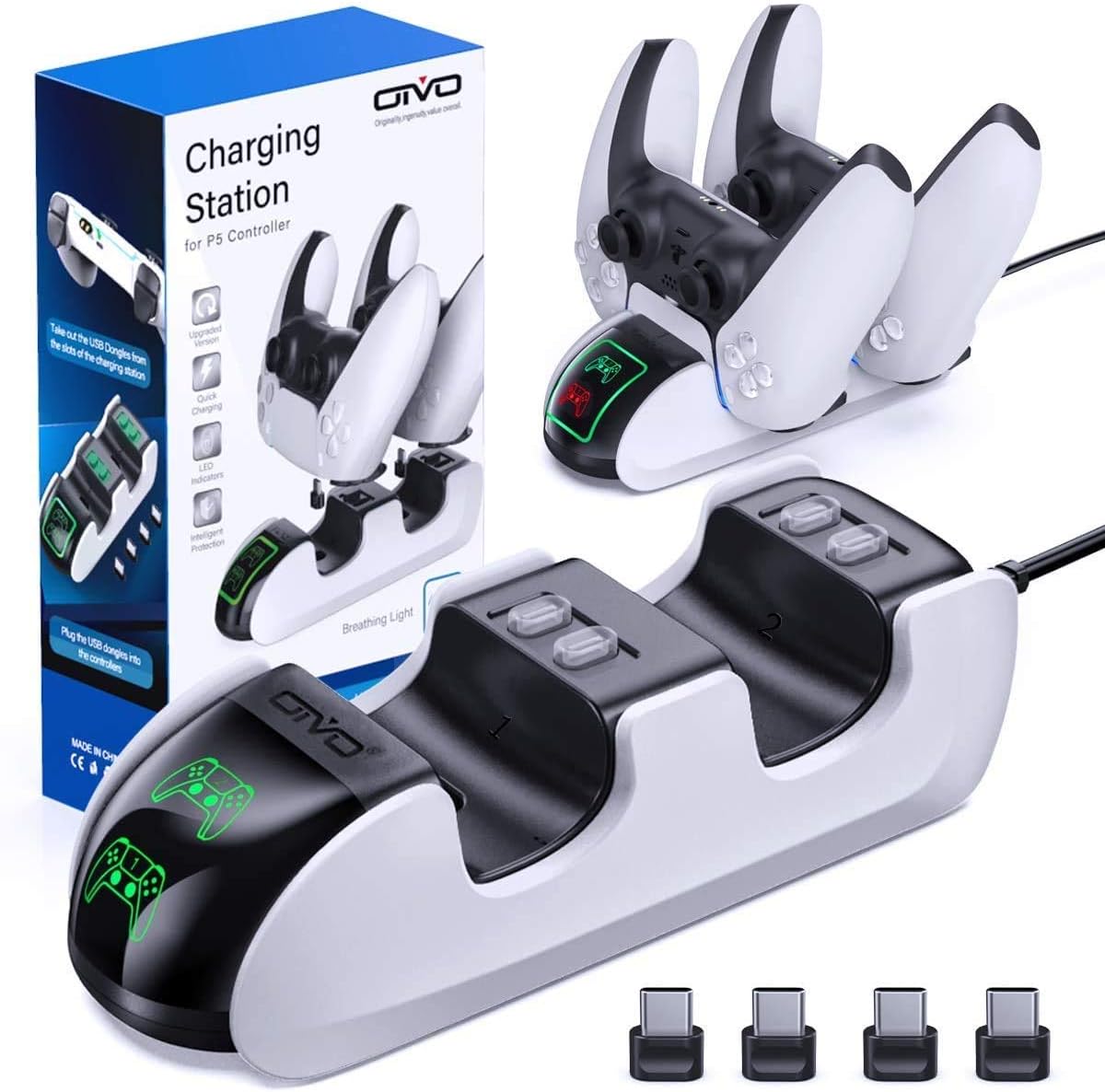 PS5 Controller Charging Station for PlayStation 5 Console, DualSense PS5 Controllers, Twin Docking Wireless Charger, PS5 Accessories Solution With 4 USB-C Adapter, Upgraded LED Strap & indicators