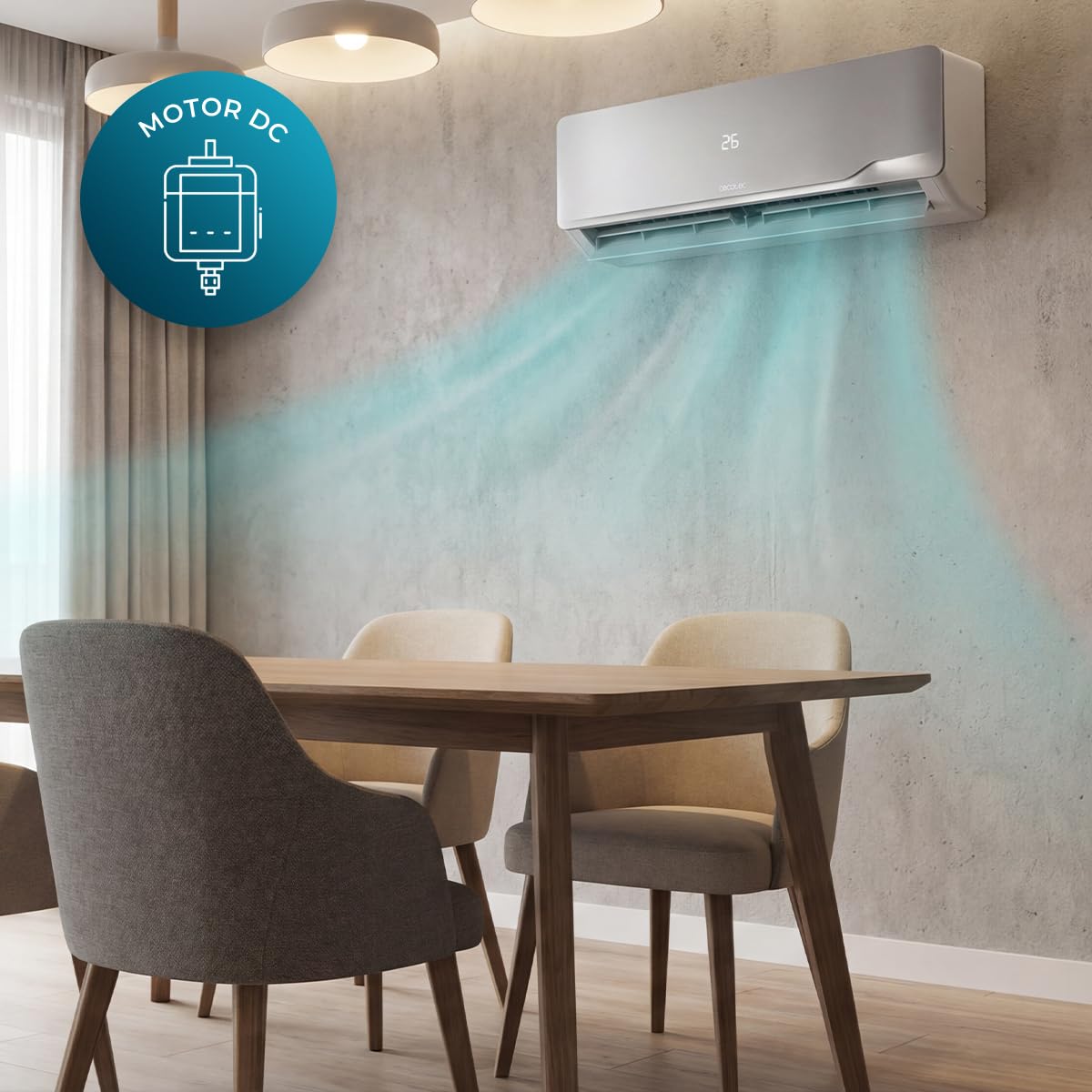 Cecotec Climatiseur Split AirClima 12000 Wind Connected Inverter, 12000 BTU, pompe à chaleur, 5 modes, classe A++, déshumidificateur 21,6 l/jour, écran LED, minuterie 24h, filtre lavable