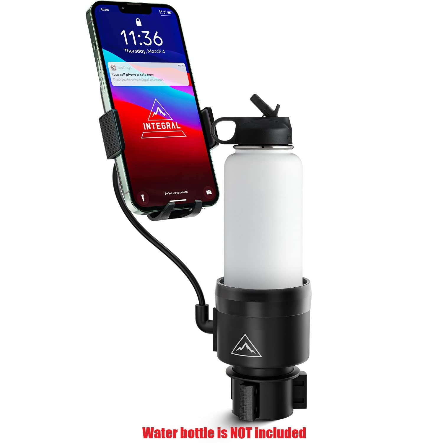 Integral Hydro Expander with Phone Mount - Car Cup Holder Expander Organizer with Adjustable Base - Rubber Tabs Hold Most 32 - 40 oz Bottles and Large Cups