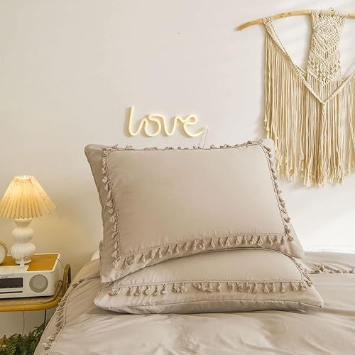 Miniatura 3 de Ropa de cama bohemia de color gris pardo, funda de edredón con flecos y borlas dobles, color liso, 100% microfibra lavada, ligera para todas las