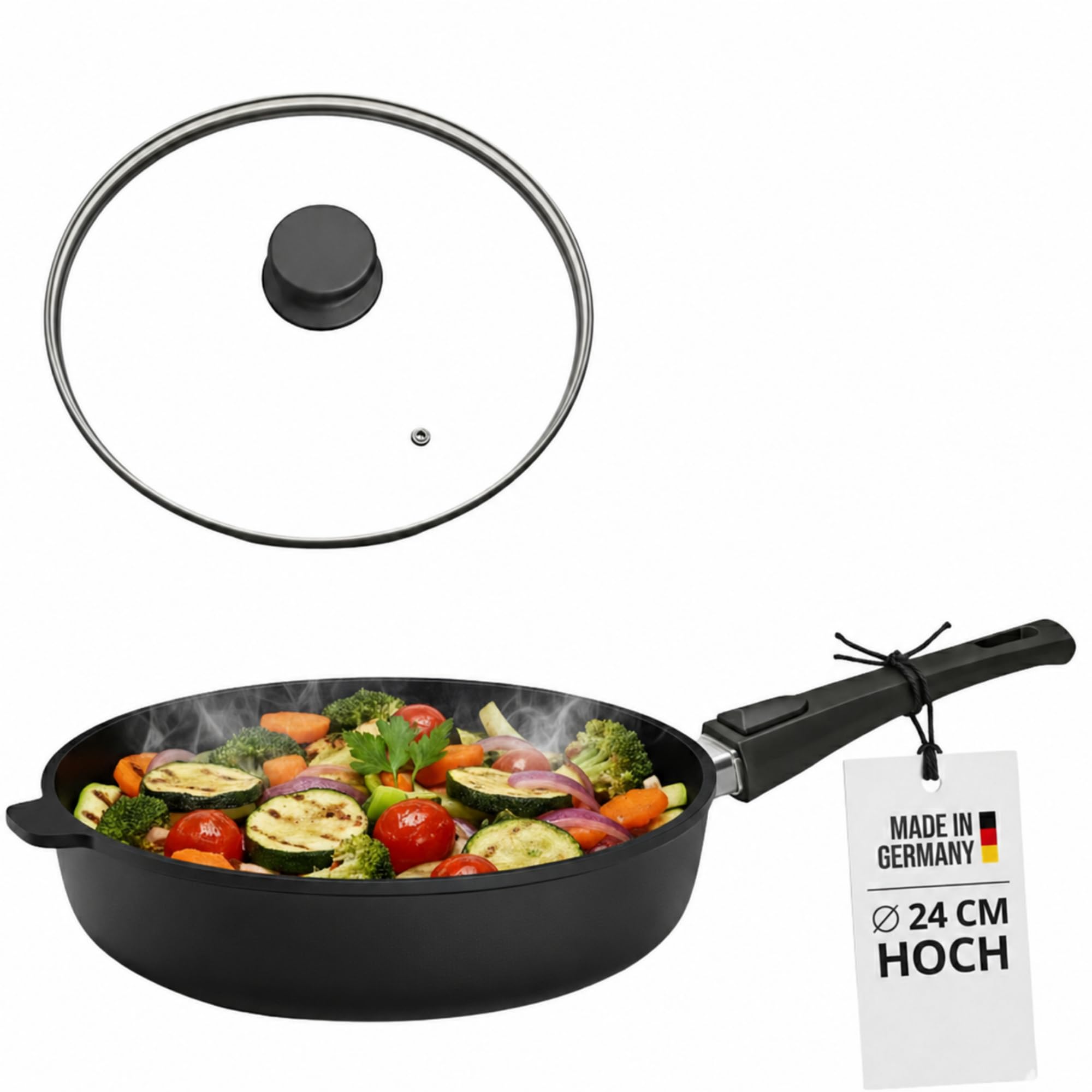 Lieblingspfanne Bratpfanne 24 cm Ø - hoher Rand 7 cm - Für alle Herdarten & Induktion - mit Glasdeckel & 4D Antihaft-Veredelung - für krosses Anbraten & Röstaromen - 100 Tage testen - inkl. E-Book