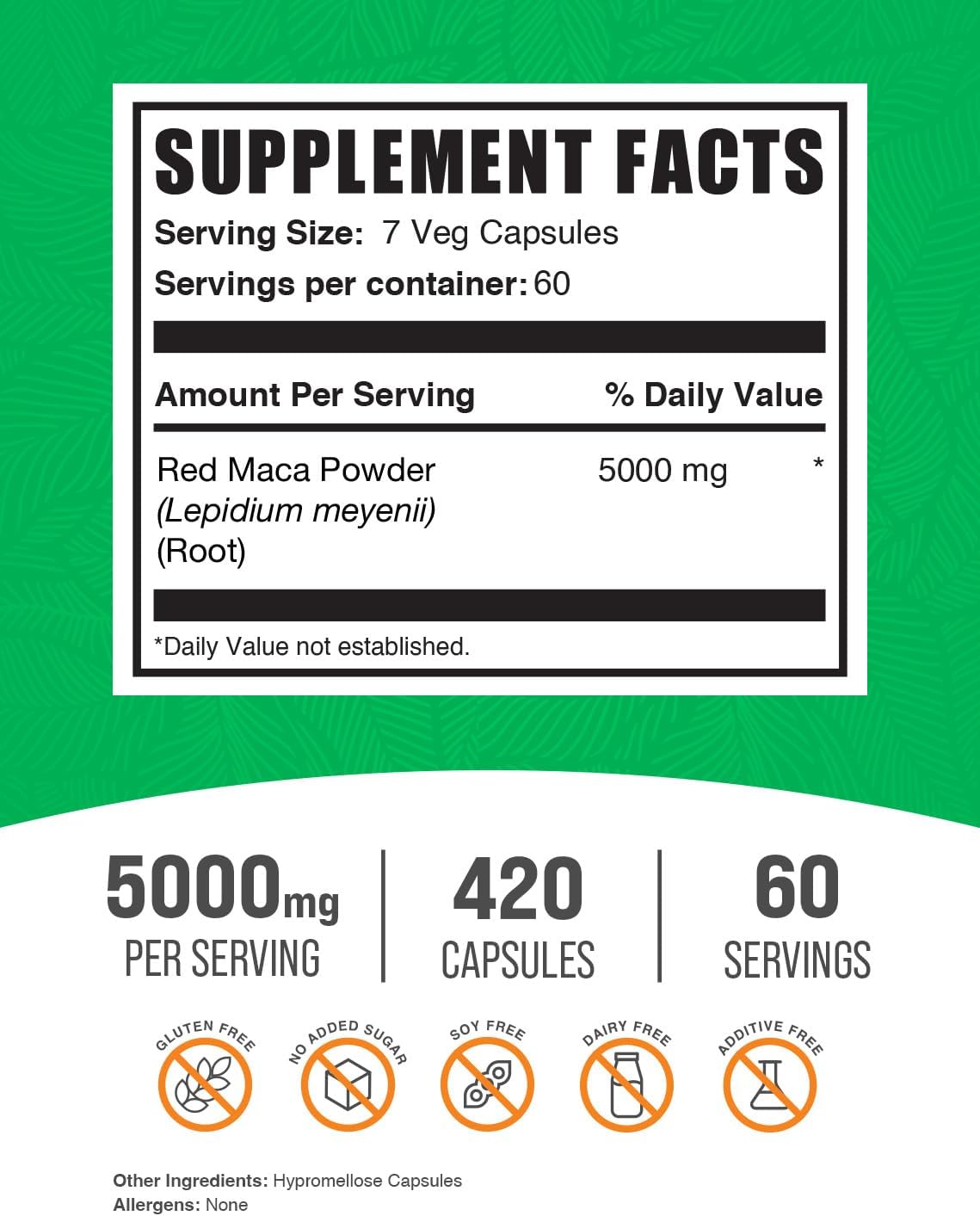 BulkSupplements.com Red Maca Capsules - Maca Supplement, Red Maca 5000mg, Red Maca Root - Vegan & Gluten Free, 7 Capsules per Serving, 420 Count (Pack of 1) - Image 2