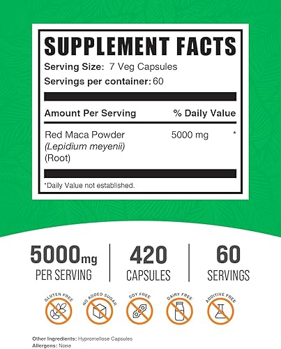 Miniatura 2 de BulkSupplements. Com Cápsulas de Maca Roja  Suplemento de Maca, Maca Roja 5000 mg, Raíz de Maca Roja  Vegano y sin gluten, 7 cápsulas por porción,