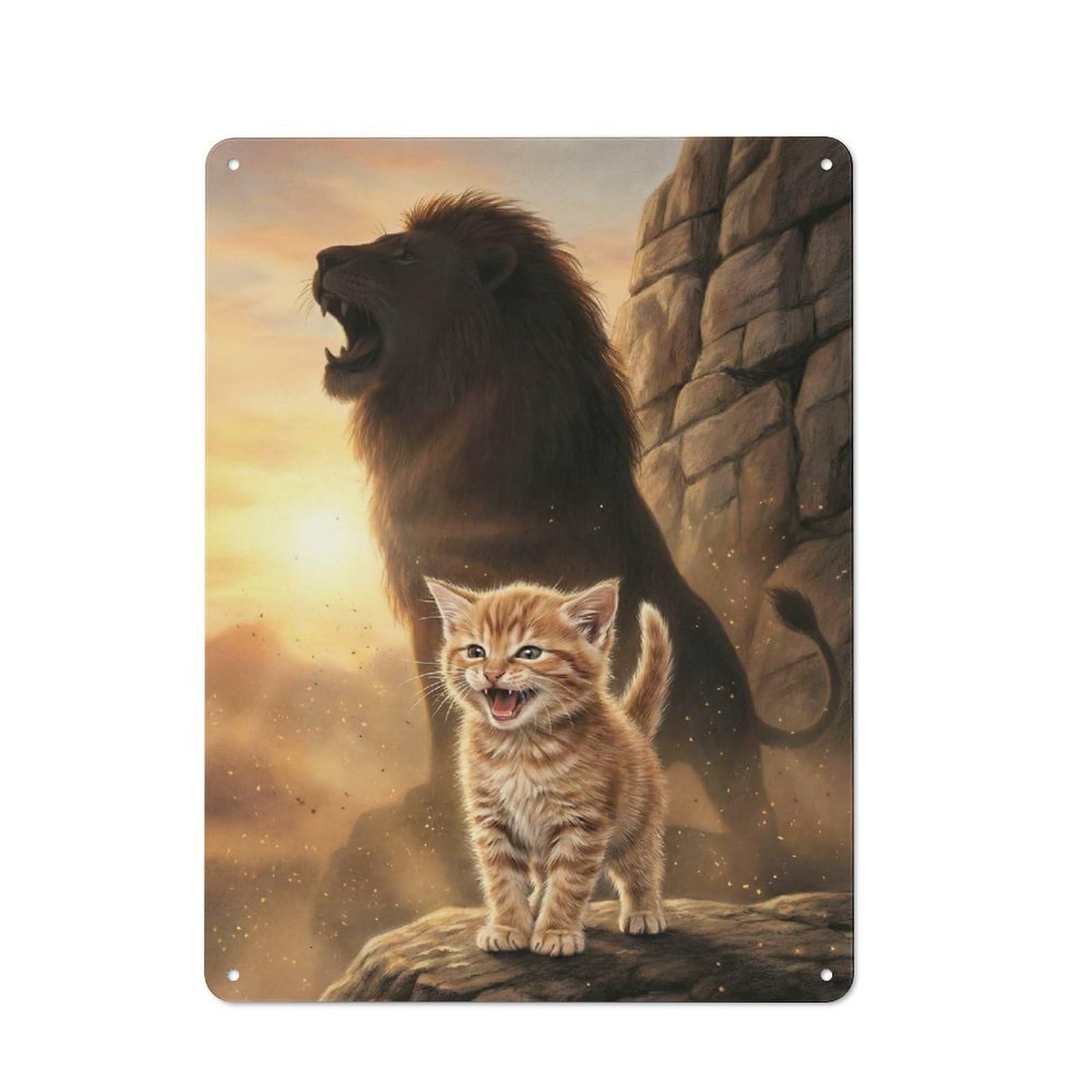 Kitten And Lion Roaring Together Vintage Metal Wall Decor 40x30cm, Vintage Metal Sign for Cafe, Bistro, Bakery Or Restaurant