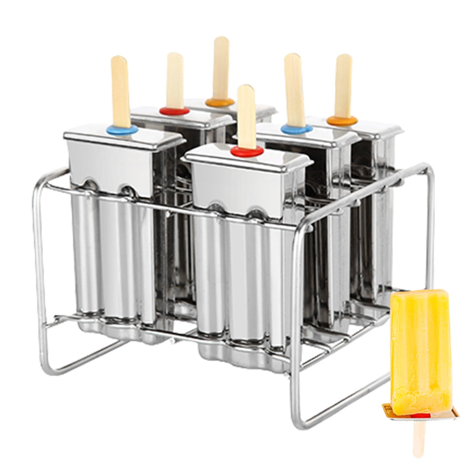 Moldes de acero inoxidable para helados – 6 moldes para hacer helados con | base de soporte, bandeja de metal duradera para paletas de hielo | Moldes de acero inoxidable reutilizables para