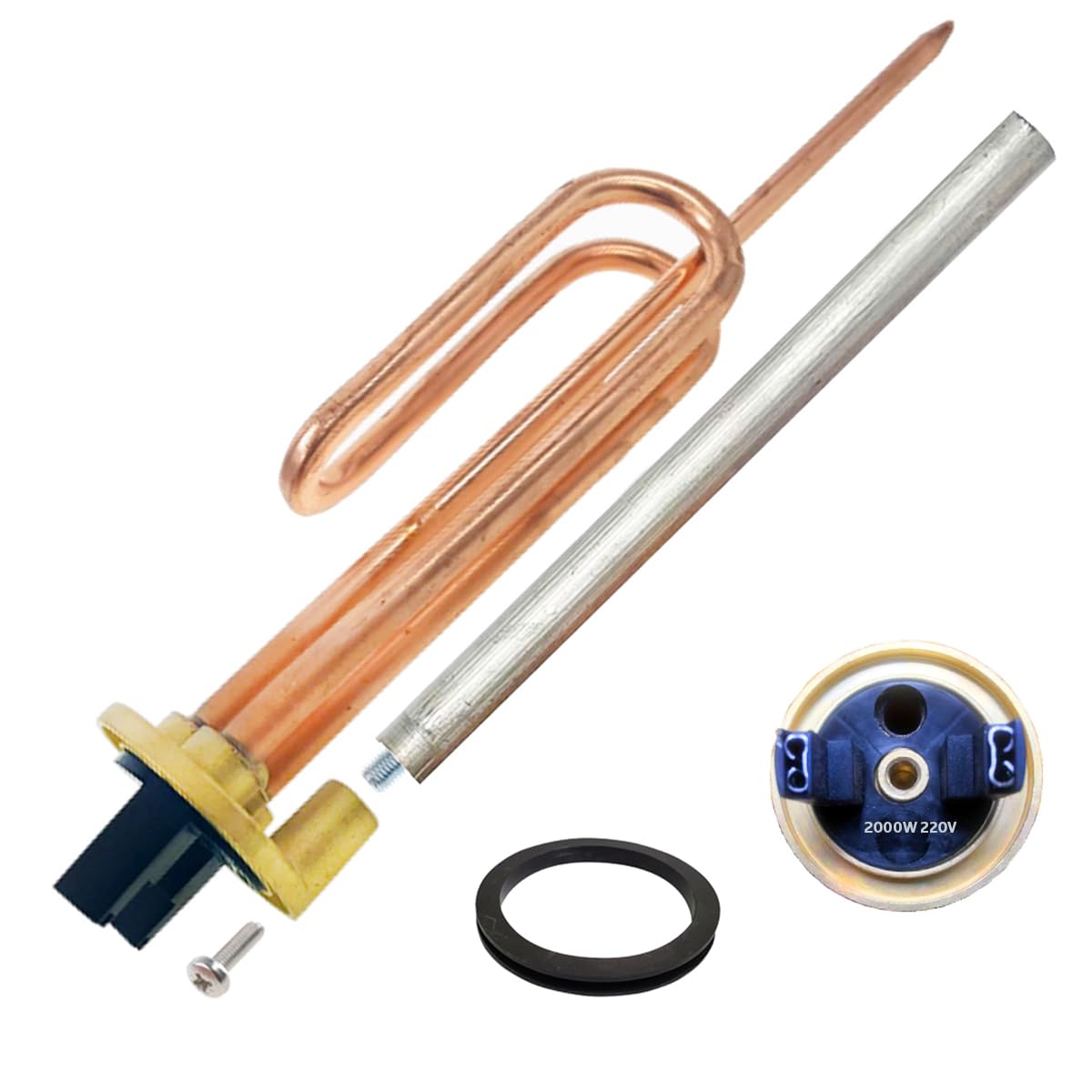 GOLDMAN SERVICE Kit de Recambio Calentador de Agua Eléctrico: Resistencia Curva, Ánodo de Magnesio, Junta de Goma y Tornillo de Fijación. Compatible con Termos Eléctricos de Grandes Marcas (2000 W)