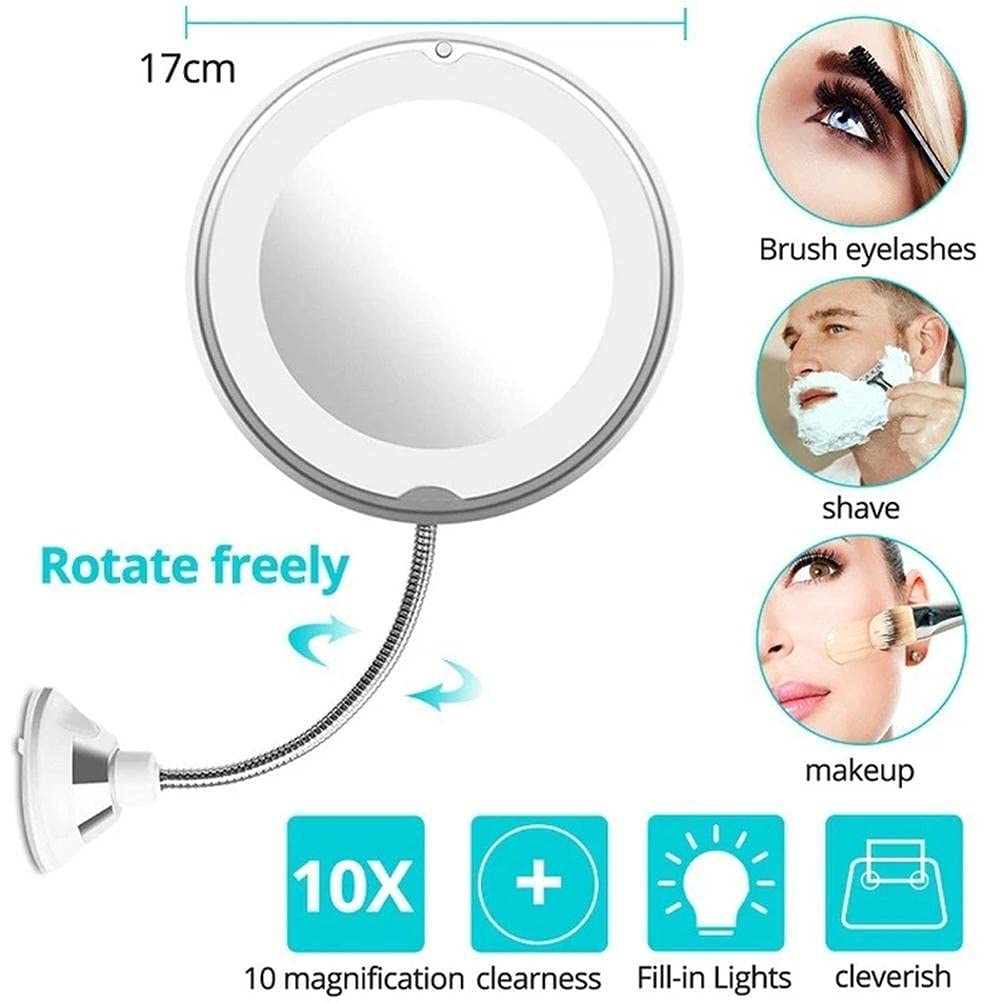 Gegong Specchio di vanità a LED con una luce di aspirazione leggera flessibile a coccola 360 girevole 10 volte specchio portatile ingrandimento per il viaggio da bagno a casa