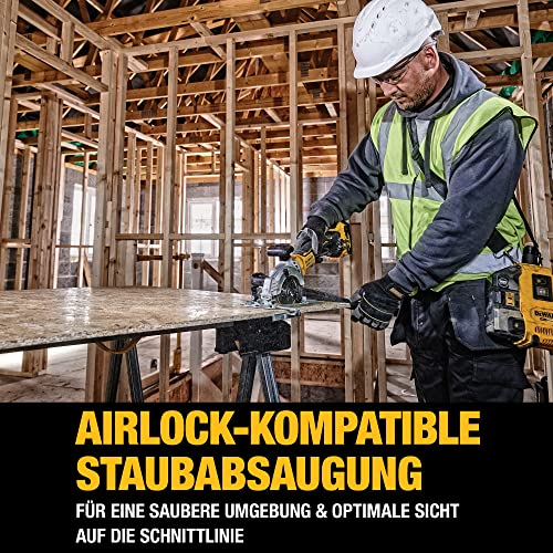 Dewalt 18V Akku- Handkreissäge DCS571NT (bürstenlos, 38mm max. Schnitttiefe, spezielle Bauweise für Einhand-Betrieb, inkl. HM-Sägeblatt, Parallelanschlag, Absaugadpater, Sparrenhaken & TSTAK Koffer) – Bild 8