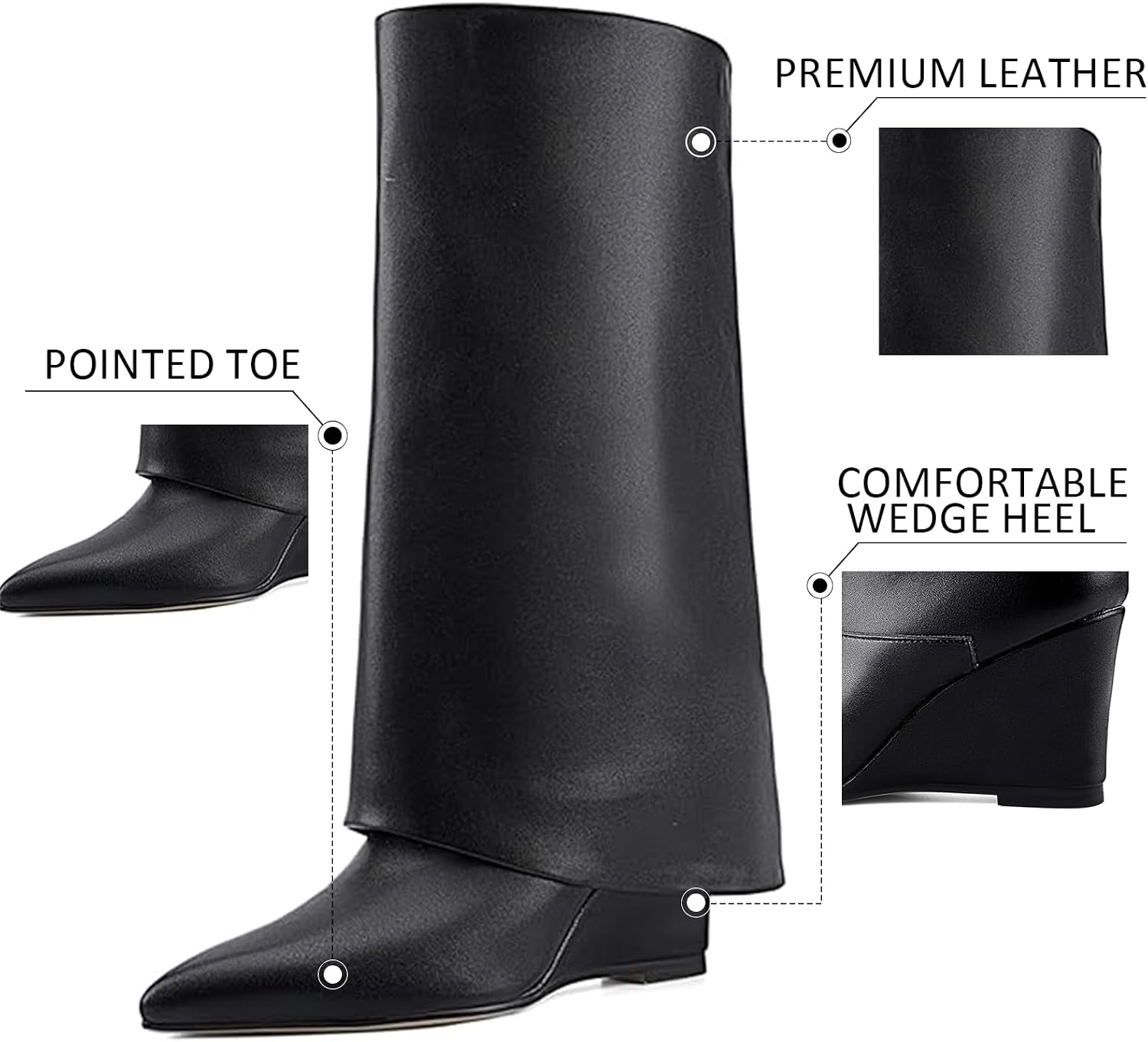 Fold Over Knee High Boots for Women, Slouchy Pull On Wedge Heel Boots with Pointed Toe, Vintage Style Dress Boots for Party, Dating, Fall Casual Outfits