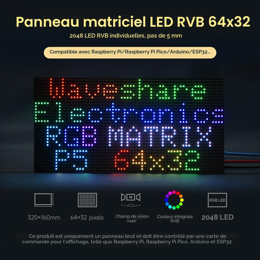 Waveshare RGB Full-Color LED Matrix Panel, 5mm Pitch, 64×32 Pixels, Adjustable Brightness