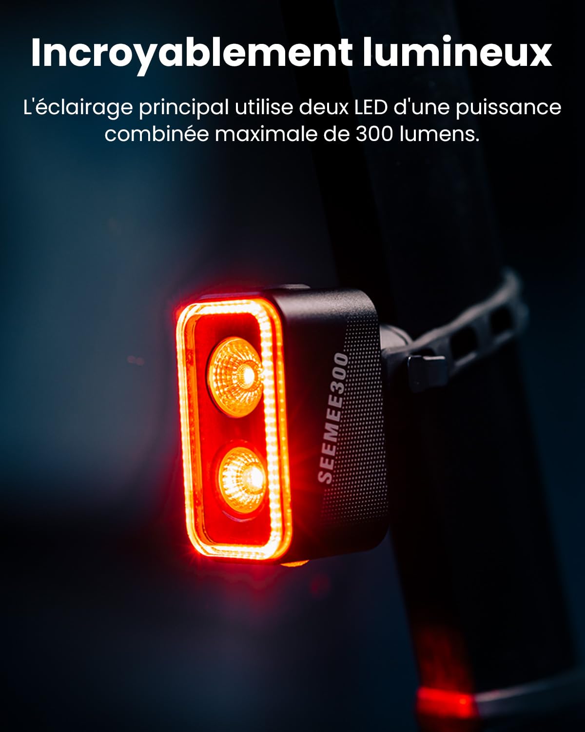 Feu arrière de vélo SEEMEE 300, 300 lumens, 5 Modes Nuit et Jour, capteur de freinage Intelligent, étanche IPX6, Rechargeable par USB-C, pour la Conduite de Nuit