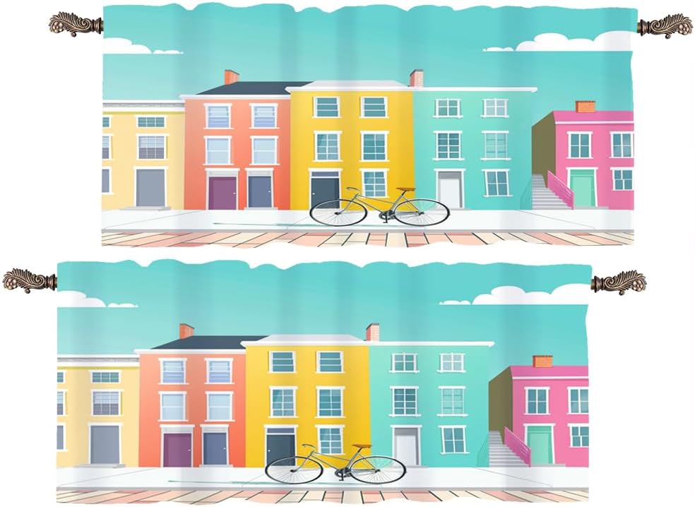 2 Panels City Architecture Valances for Windows, Traditional Bicycle Cartoon Style Rod Pocket Valance Curtains Home Decor Window Treatment for Kitchen/Living Room, 54" W X 18" L