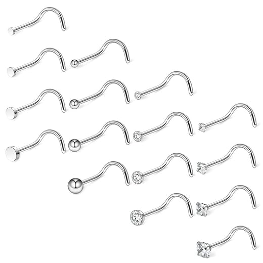 Ruifan 16PCS 18G Surgical Steel 1.5mm 2mm 2.5mm 3mm Top Flat & Ball & Clear Round & Jeweled Clear CZ Curved Nose Stud Ring Screw Piercing Jewelry - Silver