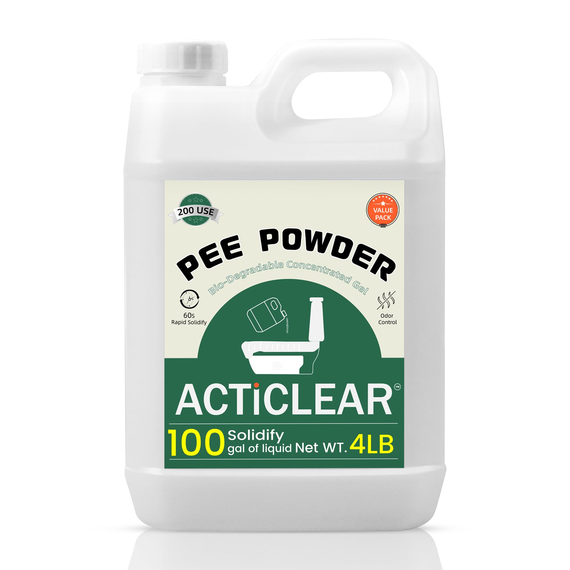 ACTICLEAR Pee Powder Gel - 2/4lb Rapid 60-Second Absorption & Odor Neutralizer for Portable Toilets, Camping, and Outdoor Essentials